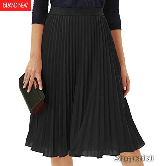 High Elastic Waist Pleated Chiffon Midi Skirt A-Line Swing - Picture 2 of 7